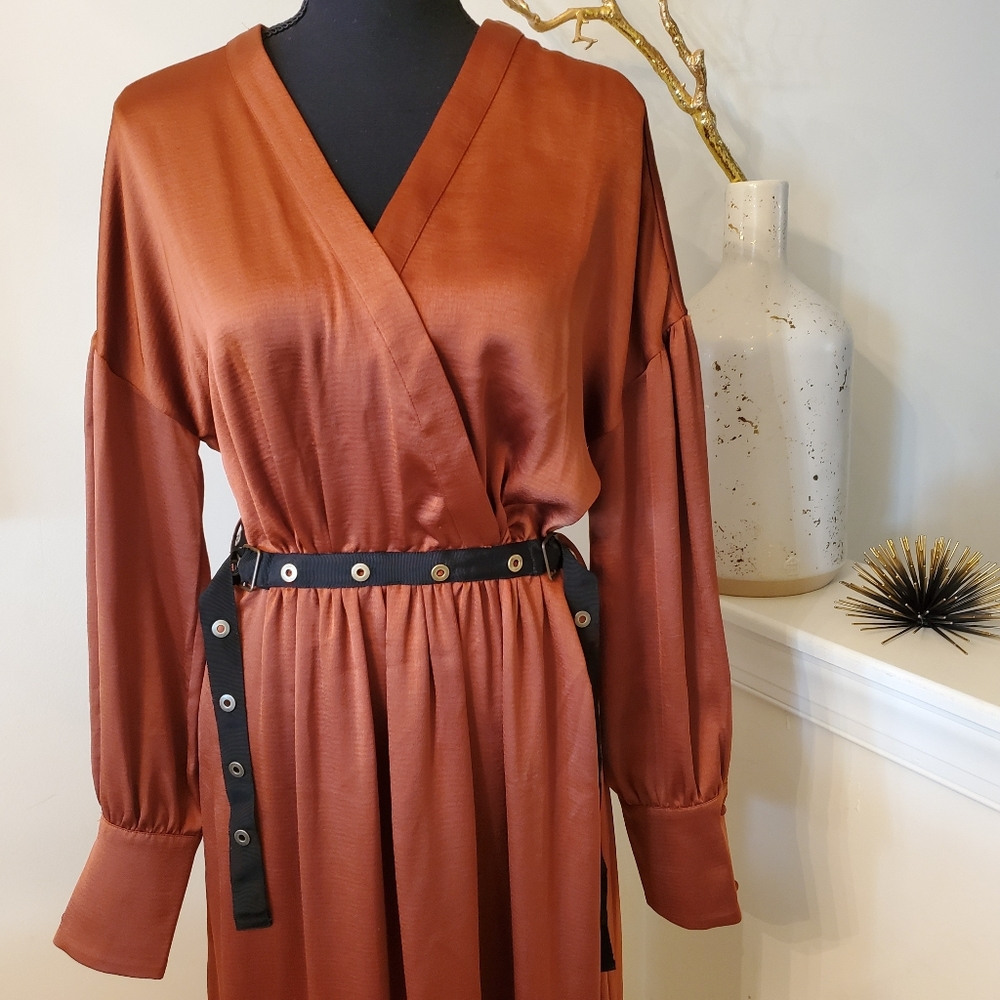 🔥Bcbgmaxazaria Bronze Midi Grommet Belt Dr - Picture 5 of 8